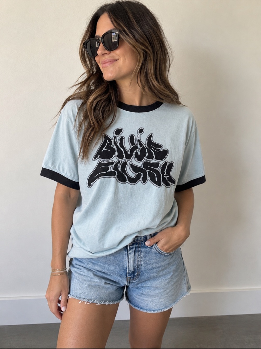 Billie Eilish Graphic Tee Y2K Streetwear Black & Baby Blue Ringer T-Shirt